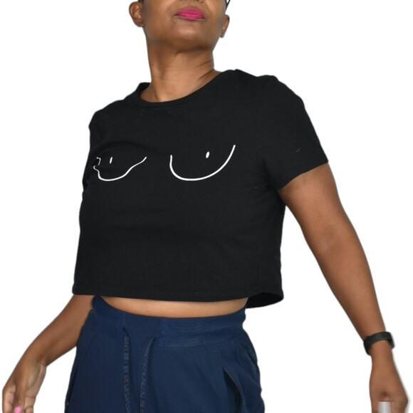 7 Day Wknd Boobs Crop Top Black Boobies Graphic Tee Cropped Cotton Shirt Small - Picture 6 of 13